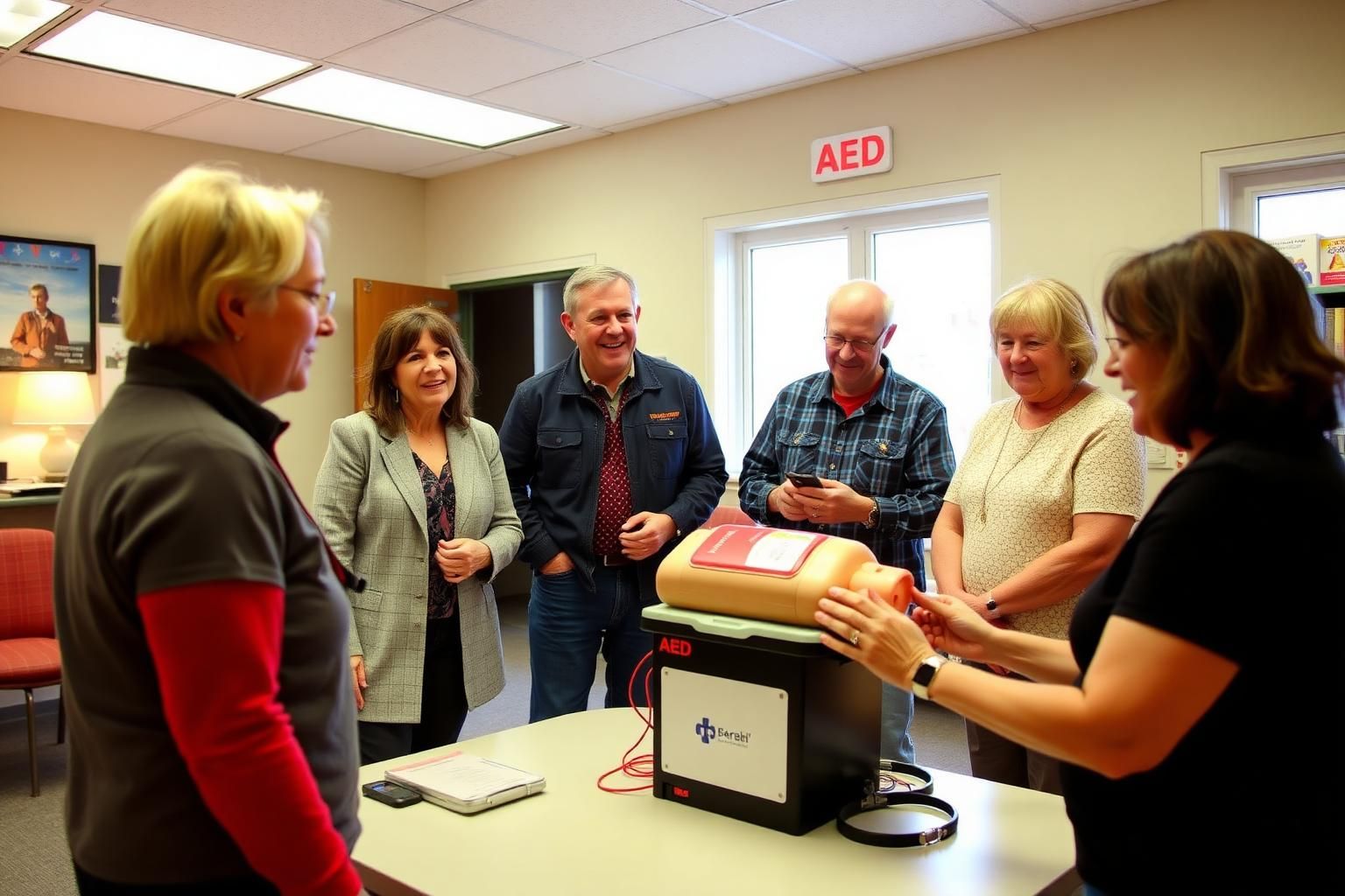 Kursleiterin zeigt einer Gruppe die Anwendung eines Defibrillators an einer Übungspuppe