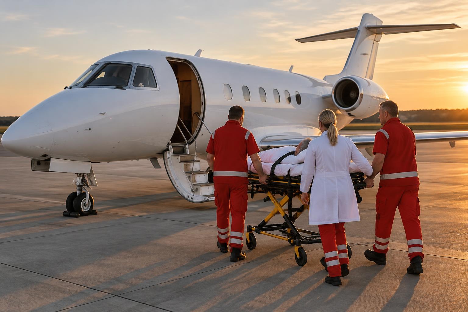 Ambulanz-Jet mit medizinischem Team beim Patiententransport