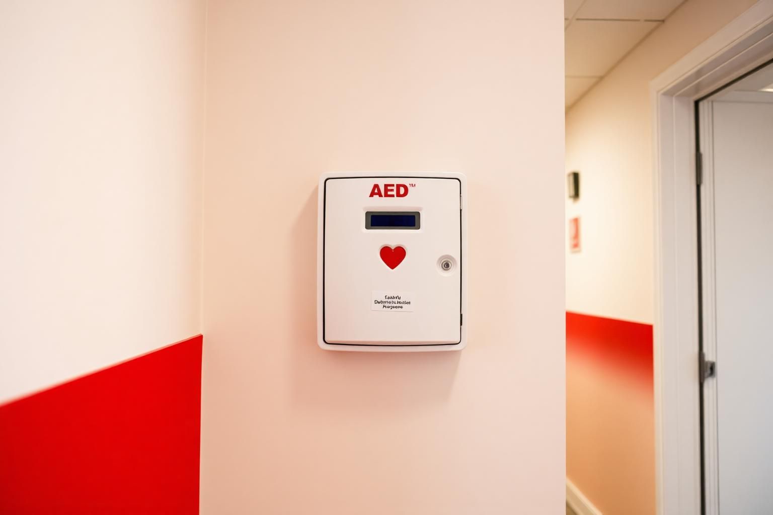 Weißer Defibrillator-Wandkasten mit rotem Herzsymbol in einem hellen öffentlichen Gebäude
