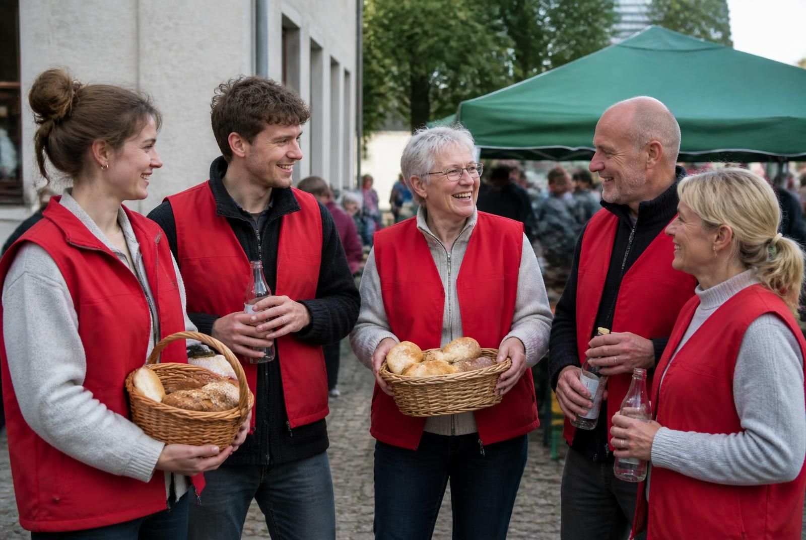 Helferinnen und Helfer in roten Lukas-Westen bei der Verpflegung auf einem Gemeindefest