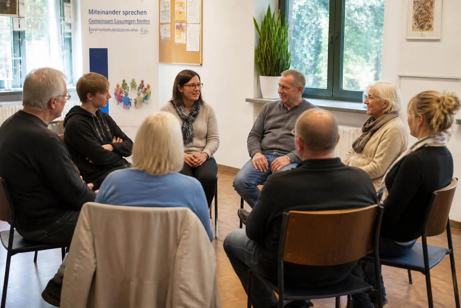 Menschen kommen in einem hellen Raum zum gemeinsamen Gespräch zusammen
