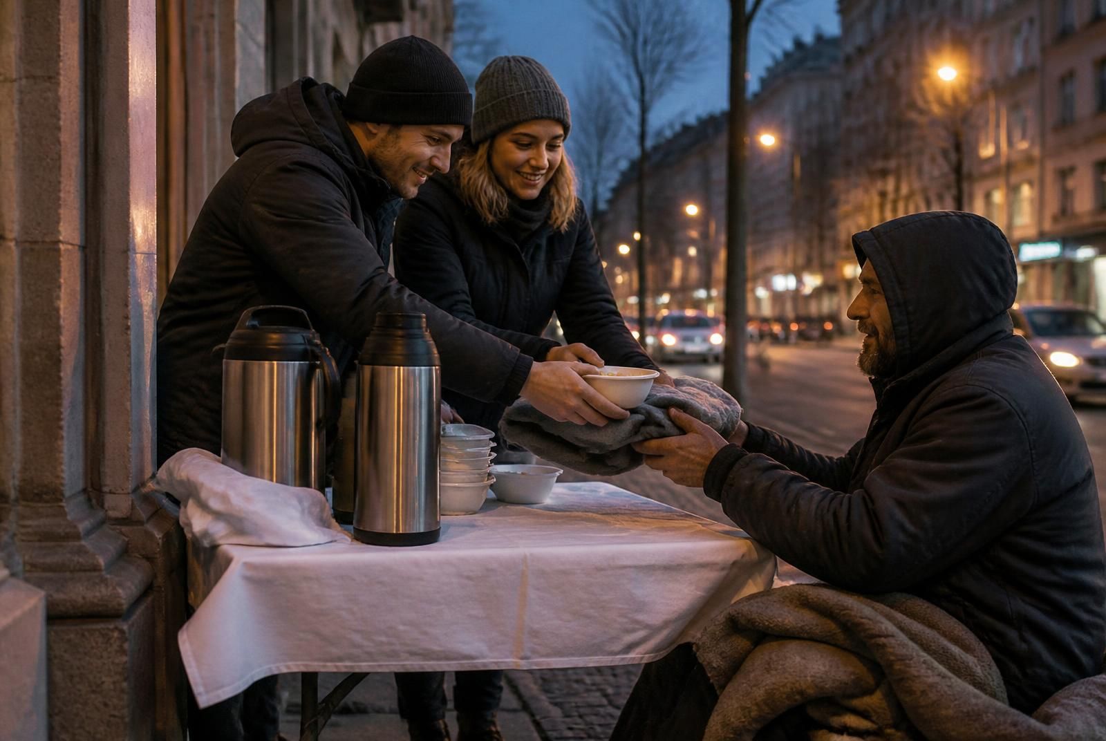 Ausgabe von heißen Getränken und Decken an einem Tisch auf dem Gehweg
