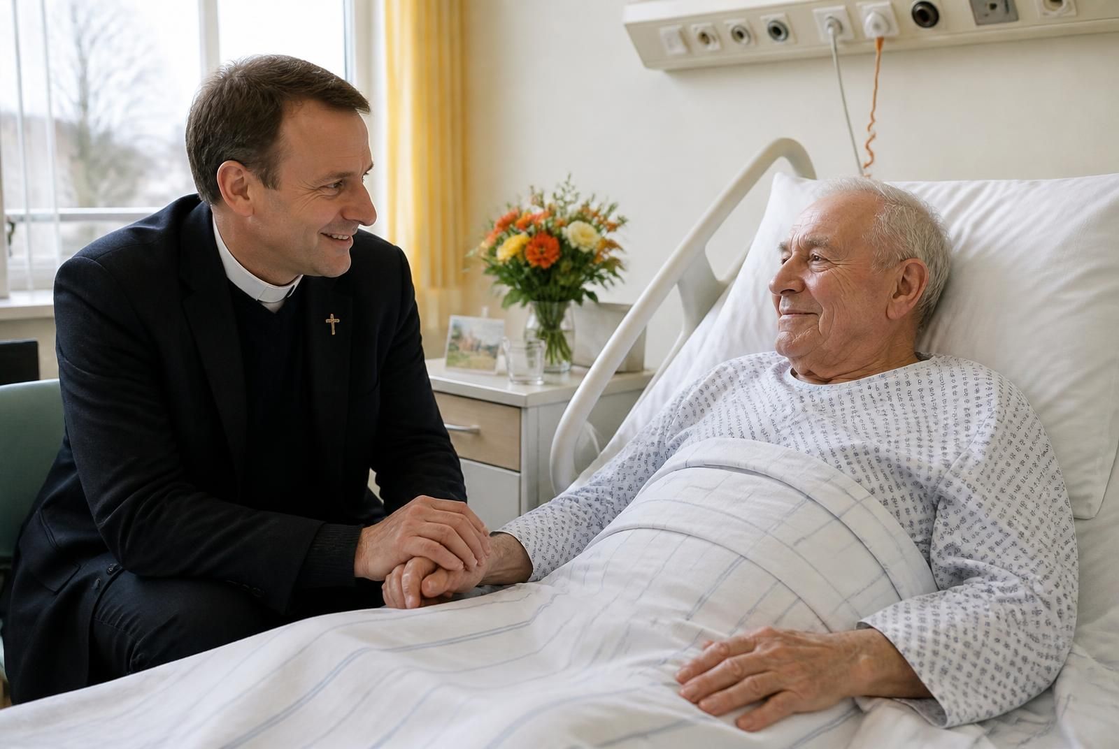 Seelsorger im Gespräch am Krankenbett